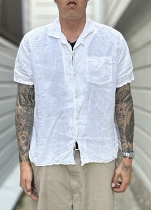 Camicia di lino irlandese rugosa bianca esterna usata delicatamente grande uomo - Foto 1 di 11