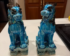 Paar Mid Century Vintage japanische Komainu Löwe Hund Porzellan Statuen blau 10" hoch - Bild 1 von 13
