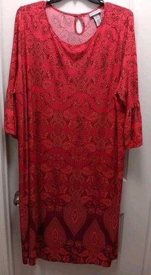 Vestido Catherines 3X Coral/Rojo Paisley Ikat Midi Línea A, Mangas Campana Foto 1 de 4