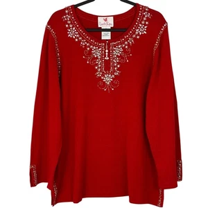 Quaker Factory Festive Red Beaded Embellished Sweater sz 1X Holiday Christmas - Picture 1 of 9