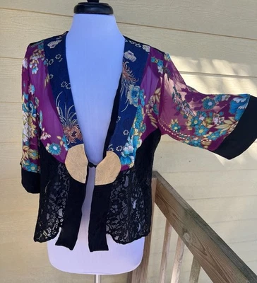 VTG Spencer Alexis Kimono Style Silk & Lace Dinner Jacket Multicolored Floral M - Image 1 of 4