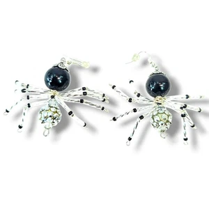 Halloween Rhinestone Tarantula Spider Earrings Dangling Sparkle Silver Black 2"+ - Picture 1 of 6
