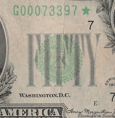 1934 Chicago Star Note Fifty Dollar Bill G00073397* Solid Star - Image 1 of 4
