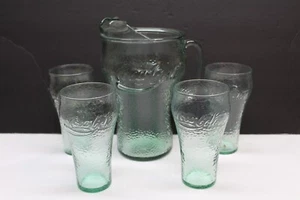 5 pc set Vintage Coca Cola Pitcher and 4 glasses set pebbled green glass Coke - Picture 1 of 3