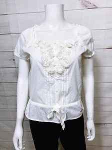 Hollister Womens Top Size XS White Buttons Flowers Crochet Short Sleeve Cotton - Picture 1 of 10