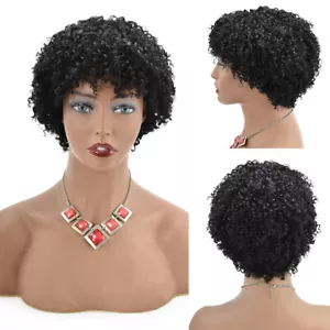 Short Kinky Curly Human Hair Afro Wigs for Black Women with Bangs Brazilian US - Picture 1 of 9