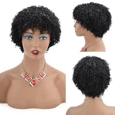 Pelucas afro cortas rizadas de cabello humano para mujeres negras con flequillo brasileño EE. UU. Foto 1 de 4