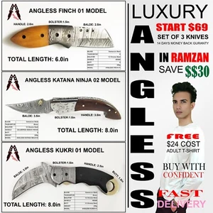 SET OF 3 LUXURY KNIFE #ANGLESS HANDMADE DAMASCUS FOLDING KNIFE LOT 12 - Picture 1 of 20