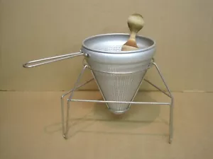 Vintage 3-Piece Aluminum Juicer Canning Cone Strainer Sieve, Stand, Wood Pestle - Picture 1 of 10