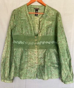 Sz 4 L CUSTO BARCELONA Green Cotton Metallic Beaded Split Neck Button Top Blouse - Picture 1 of 3