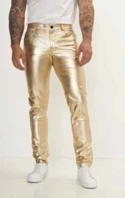 Men's Real Lamb Leather Gold & Silver Color 5 Pockets Pants Leather Bikers Pants - Image 1 of 4