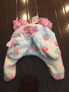 THE CHILDRENS PLACE WHITE FLEECE/HEARTS HAT/ MITTENS GIRL’S SZ 2T-3T NWT