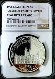 NGC PF69 UC-Belize 1995 Balmoral Castle Summers Silver $5 Almost Perfect Proof - Picture 1 of 1