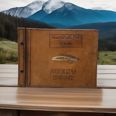 Libro de visitas encuadernado en cuero "Nantahala Fish Camp" Thomas a medida cuero nuevo Foto 1 de 4
