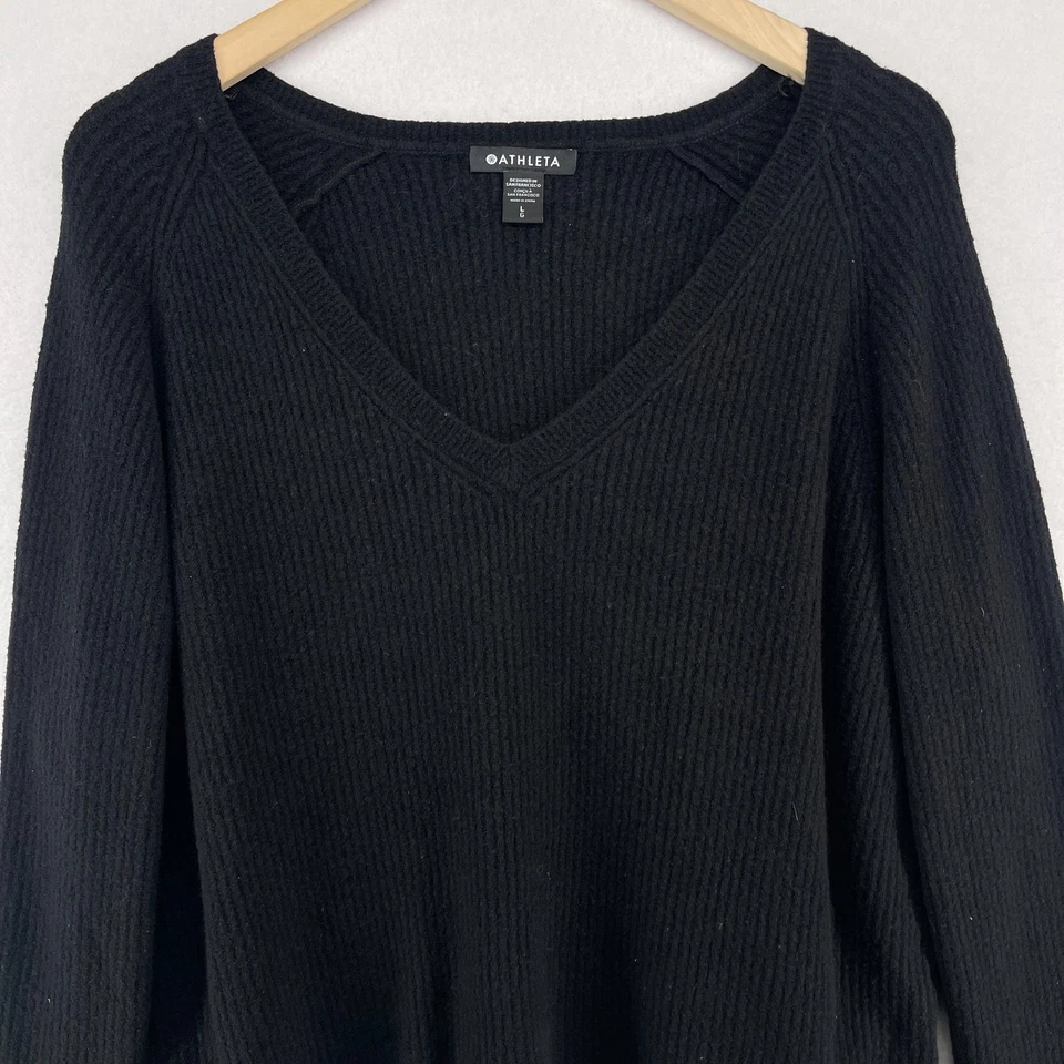 Suéter ATHLETA L Algodón Cachemira Cuello en V Acanalado Pullover Jersey Negro Foto 1 de 4