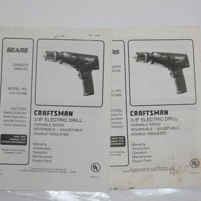 Taladro Eléctrico X2 Sears Craftsman 3/8" Modelo 315.101460 Manual del Propietario Doble 3B Foto 1 de 3