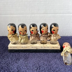 1930’s Karloff Perfume Bottles/ HandPainted Wood Quintuplet Florals (6) W/ Box - Picture 1 of 14
