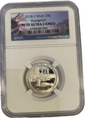 2018-S Silver PF 70 Ultra Cameo Voyageurs 25C Washington Flag Label - Image 1 of 2