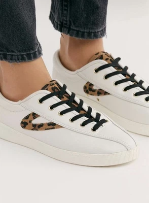 Tretorn Nylite Plus Sneakers White Leather / Cheetah Trim Women's Sz 9.5 - Image 1 of 4