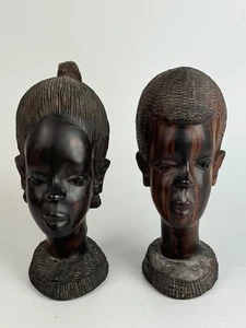 2 Vintage African Tribal Head Bust Hand Carved Ebony Wood 9” Boy & Girl - Picture 1 of 6