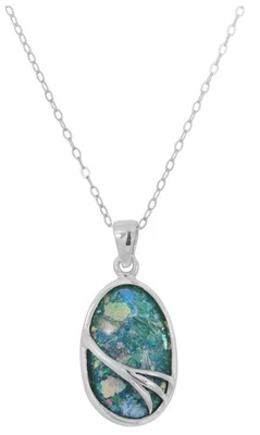 Sterling Silver Oval Genuine Ancient Roman Glass Pendant Branch Design 18" Chain - Image 1 of 4