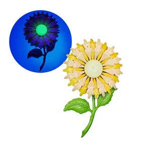 Broche Flor Esmaltada Vintage con Ópalo Amarillo Uranio Vidrio Tallo Verde Groovy - Imagen 1 de 18