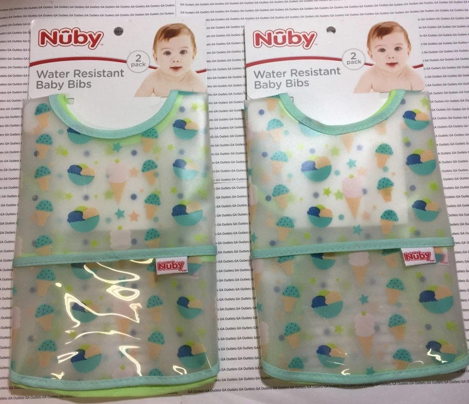 4件Nuby防水婴儿围兜带食物捕手口袋乙烯基冰淇淋  — 第 1/4 张图片