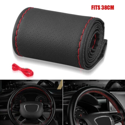 DIY Leather Car Steering Wheel Cover Needle Thread Non-slip Black 15" Universal - Image 1 of 4