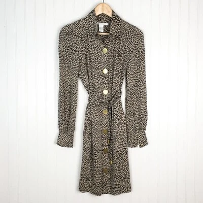 DIANE VON FURSTENBERG DVF Size 4 Black & Gray Silk Shirt Dress Gold Button - Image 1 of 4
