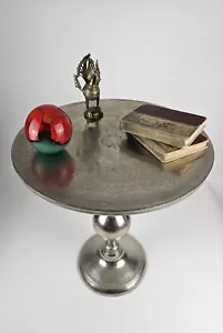 Silver Raw Nickel Metal Tray Stand Retro Round Coffee Table Industrial MCM Decor - Picture 1 of 12