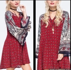 NWT Patrons of Peace XS Bell Sleeve Dress Womans Medium Boho Tunic Top Red Blue - Picture 1 of 6