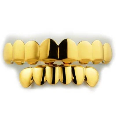 Grelha de boca banhada a ouro 18K aço inoxidável 8 dentes superior 6 inferior hip hop - Imagem 1 de 4