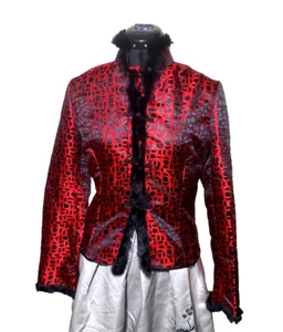 Vintage Jacket Women Moire Satin Fur Trim Mandarin Collar Rayon Size L - Picture 1 of 12