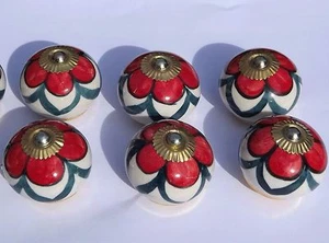 ceramic cupboard door knobs White round with red flower green(brass fittings) x6 - Picture 1 of 6