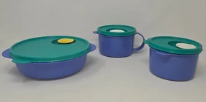 Tupperware Crystalwave Lunch Set Divided Dish and 2 Lidded Soup Bowls Blue Green - Picture 1 of 24
