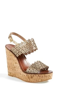 NIB TORY BURCH DAISY FLORAL PERFORATED WEDGE SANDALS Sz10 $325 - Picture 1 of 5