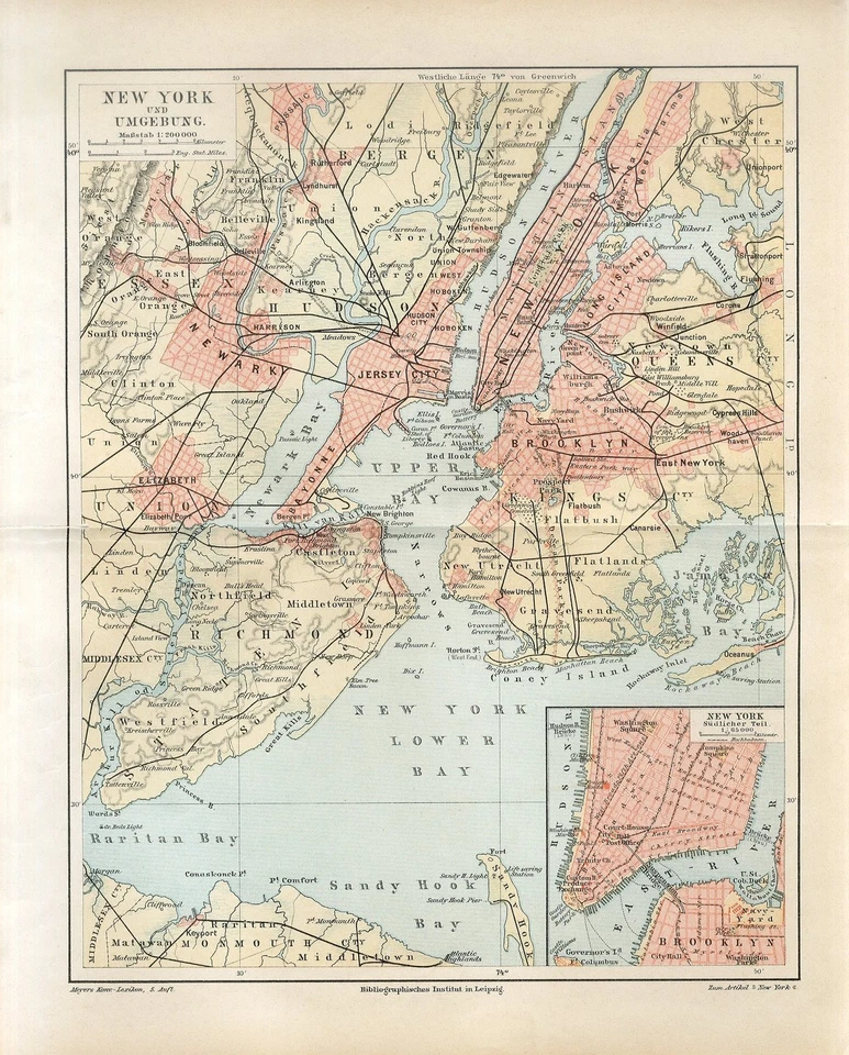 1895 NEW YORK CITY and SUBURBS MANHATTAN BROOKLYN RICHMOND NEWARK Antique Map - Image 1 of 1