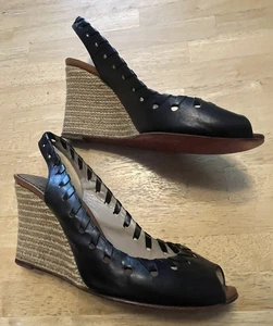 Christian Louboutin Espadrilles Black Leather Open Toe-Sling Back Wedges Sz 39 - Picture 1 of 16