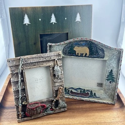 3 Cabincore Photo Frames Rustic Barnwood Resin Fly Fishing Hunting Tree Lodge - Image 1 of 4