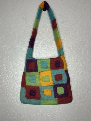 Colorido Bolso de Mano Geométrico de Lana Fieltro a Mano Funky Artístico Hippie Foto 1 de 4