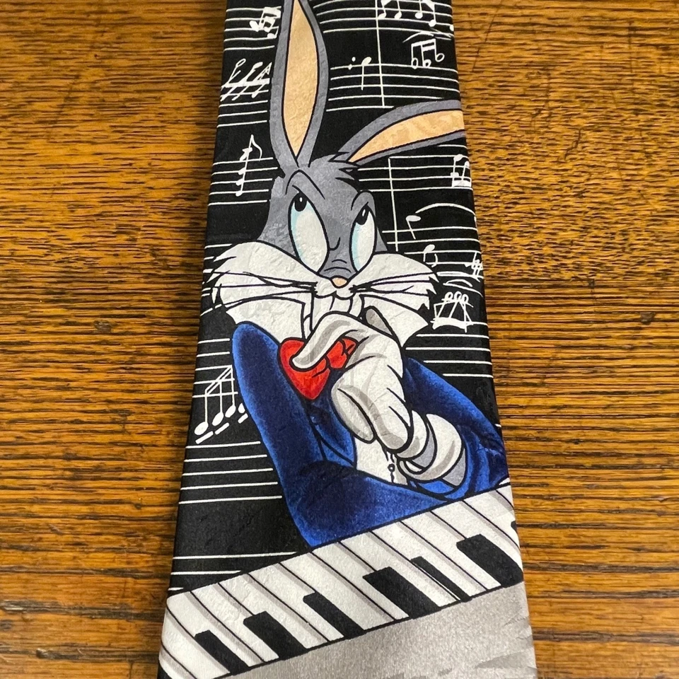VTG Looney Tunes Mania Bugs Bunny Playing Piano Music Notes Necktie W3.75 L56in - Image 1 of 4