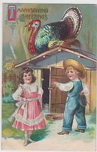 Turkey On Top of Shed Children Thanksgiving Postcard  - Picture 1 of 2