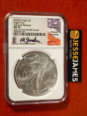 2025 (P) SILVER EAGLE NGC MS70 PRIVY MARK ADVANCE RELEASES 1ST 50,000 GAUDIOSO - Image 1 of 2