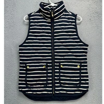 J Crew Goose Down Puffer Vest Womens Small Navy White Striped Full Zip Ladies - Image 1 of 4