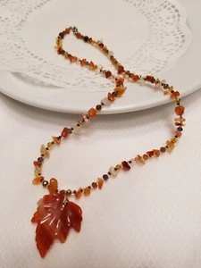Handmade in USA New!  Carnelian Stone & Carnelian Leaf shaped pendant Necklace - Picture 1 of 5