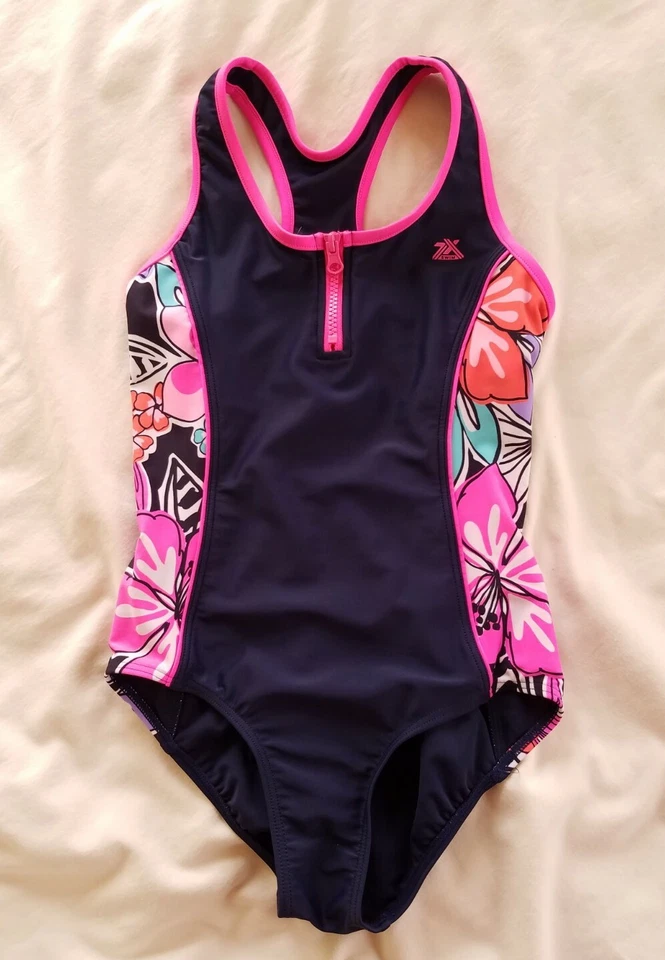 Traje de baño azul oscuro, rosa y floral de una pieza espalda cruzada para niña talla 12 Foto 1 de 4