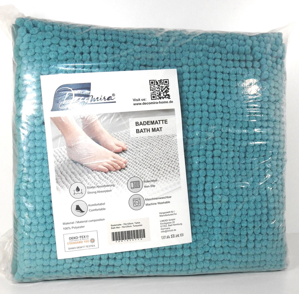 Decomira Badematte Duschvorleger rutschfest waschbar Chenille Türkis 70x120cm - Bild 1 von 1
