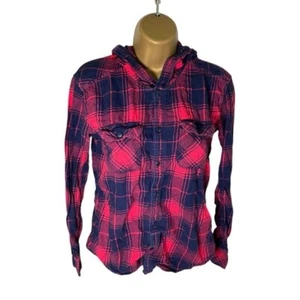 Aritzia TNA Hooded Plaid Boyfriend Fit Button Down Long Sleeve Red Navy XS - Bild 1 von 6