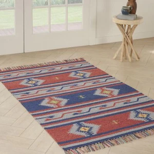 Nourison Baja Tribal Blue/Red 5' x 7' Area Rug, Easy Cleaning, Non Shedding, Bed - Picture 1 of 9