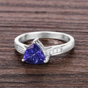 1.50 Ct Tanzanite & Lab Grown CVD Diamonds Prong Ring 14K Solid White Gold - Picture 1 of 5